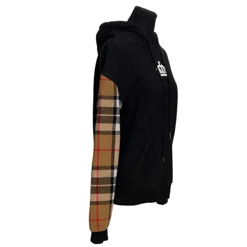 704 Shop Plaid Sleeve Hoodie XS Black Crown Embroidered Logo Style Pullover - Picture 3 of 9
